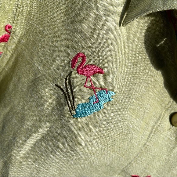 Hearts of Palm Green Linen Blend Shirt with Flamingos - Size 10 - Picture 4 of 11